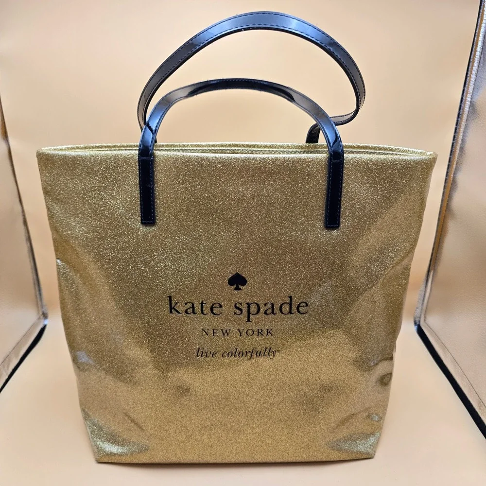 Kate Spade Live Colorfully Gold Glitter Tote Bag Black Patent Handles Large